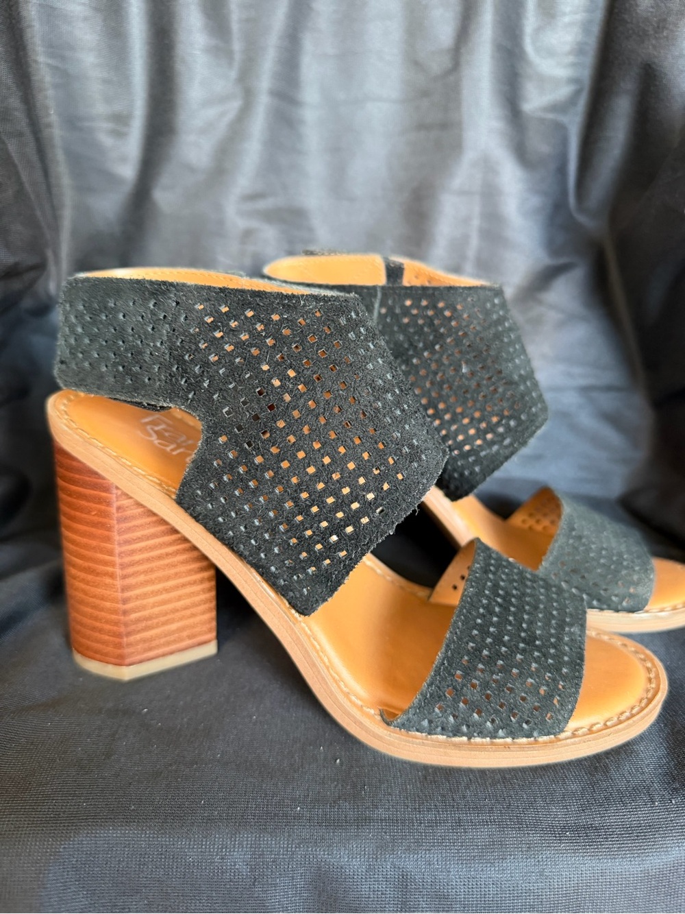 Franco Sarto Size 7 M Black Suede Perforated Block Heel Sandals - Women